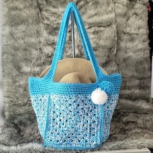 Handcrafted Blue Crochet Tote with Geometric Pattern